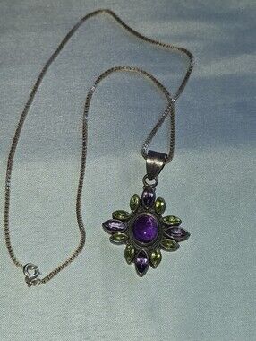 Sterling Silver Amethyst and Peridot  Pendant Necklace